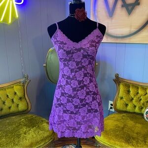 Y2K Purple Lace Lingerie Slip Dress – Sheer Floral Mini Size Medium